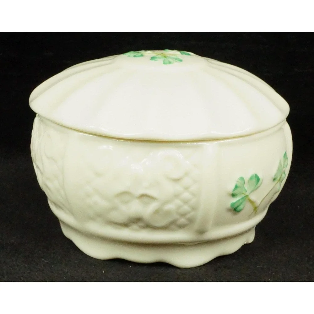 Irish Belleek Pottery Nadine Trinket Box with Lid 9th Blue Mark Signed Vtg 1990s